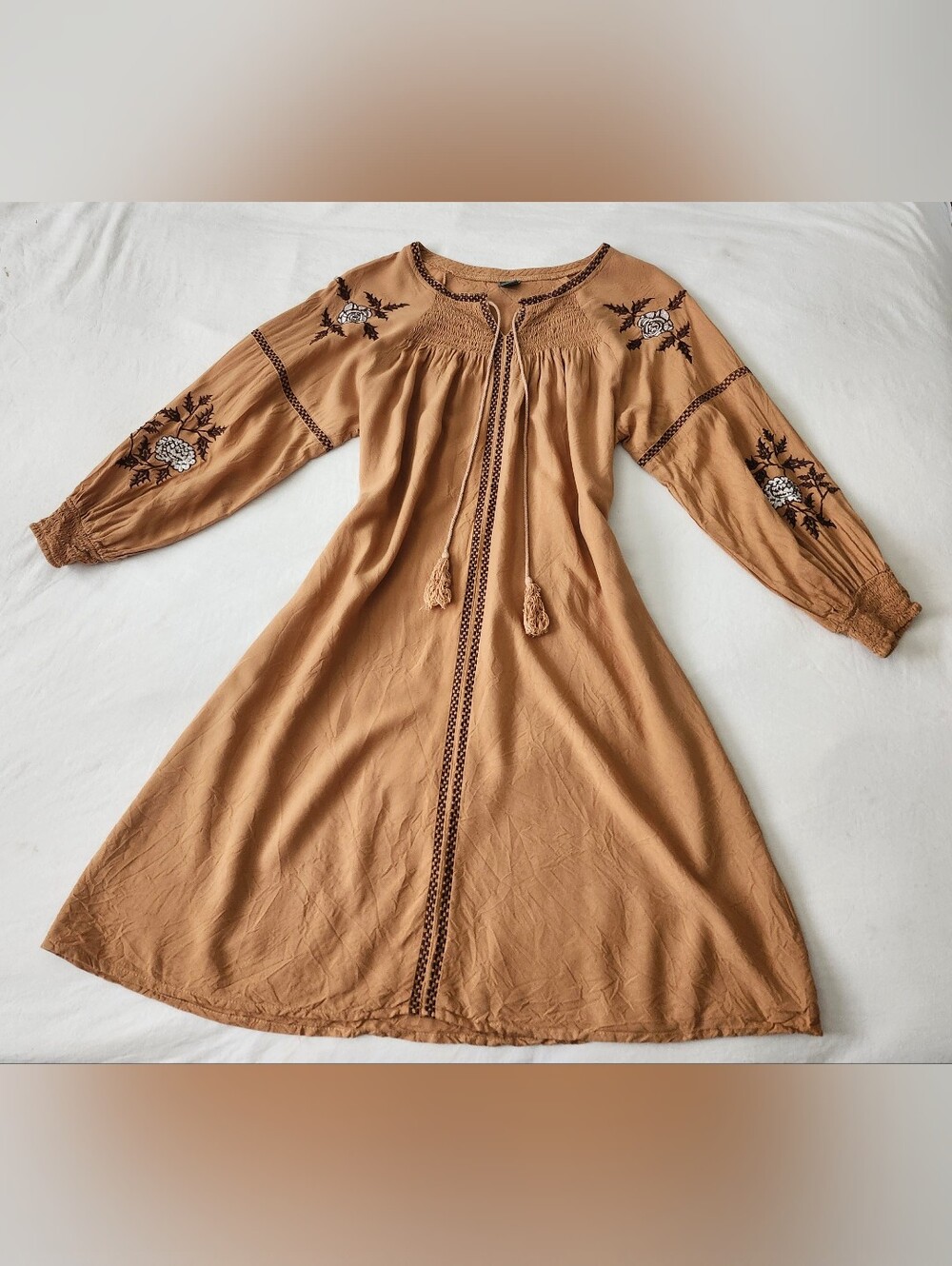 Boho Embroidered Long-Sleeve Dress in Camel